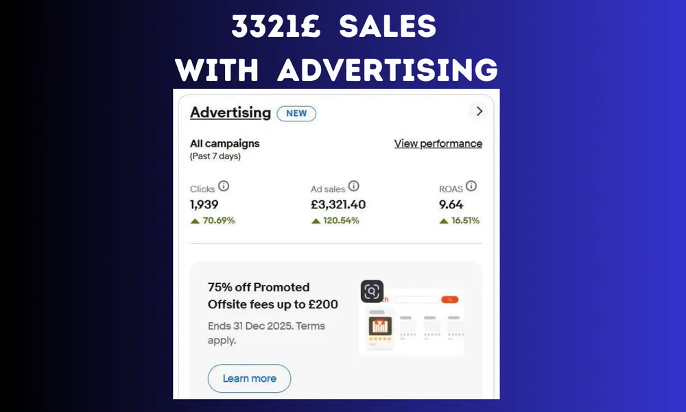 eBay Seller Hub dashboard: £3,321 Ad Sales · UK